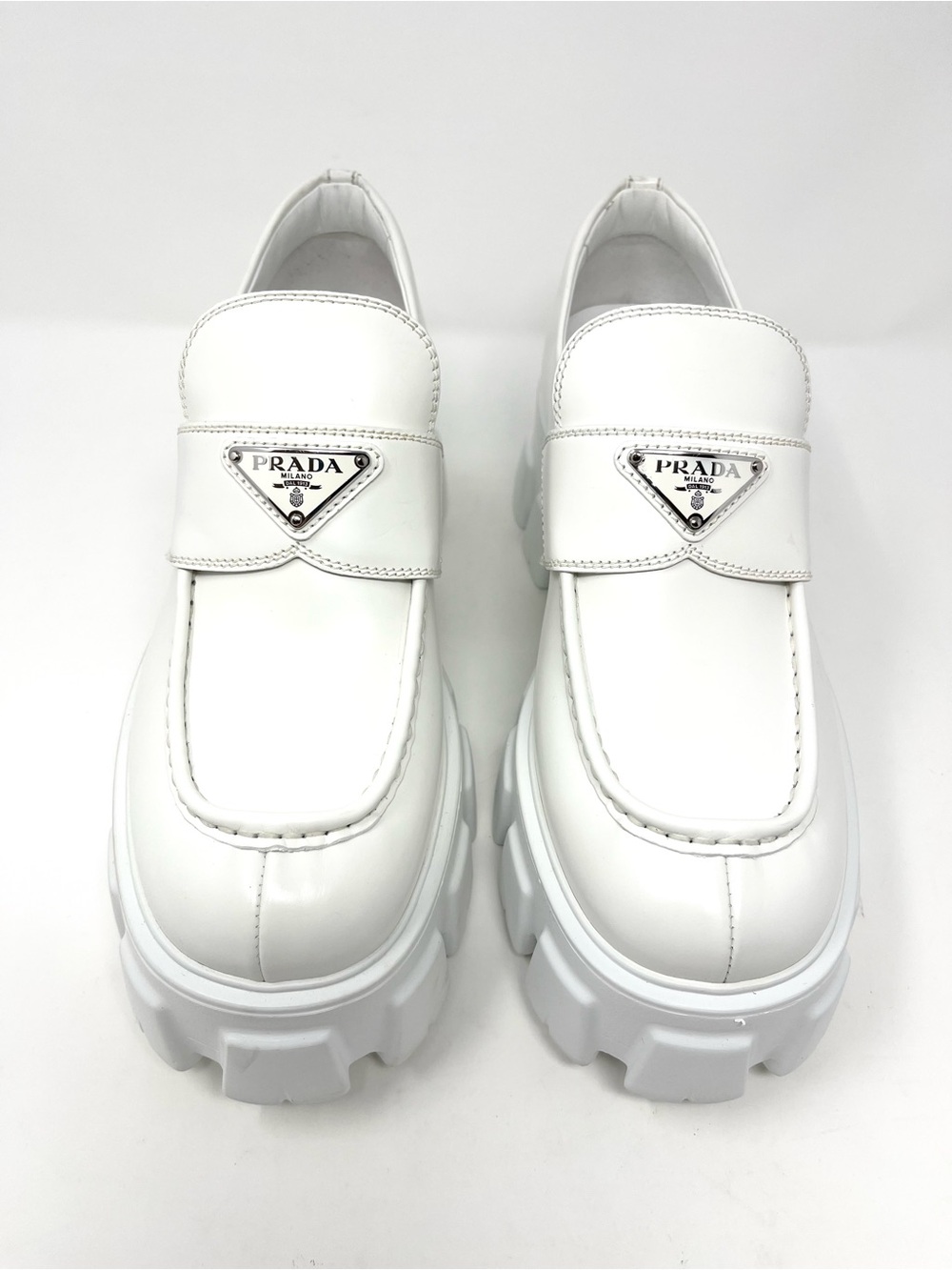 NEW Prada Monolith Triangle Logo White Leather Loafers Heels Chunky 39.5 9.5 - Picture 3 of 14